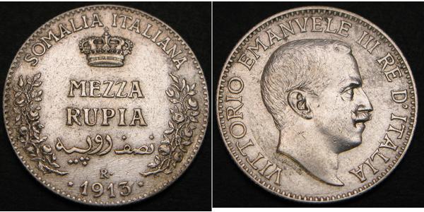 1/2 Rupee 意大利王國 (1861-1946) 銀 维托里奥·埃马努埃莱三世 (1869 - 1947)