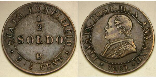 1/2 Soldo 教皇国 (754 - 1870) 銅 Pope Pius IX (1792- 1878)