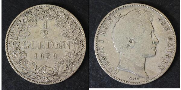 1/2 Гульден Королевство Бавария (1806 - 1918) Серебро Людвиг I (король Баварии)(1786 – 1868)
