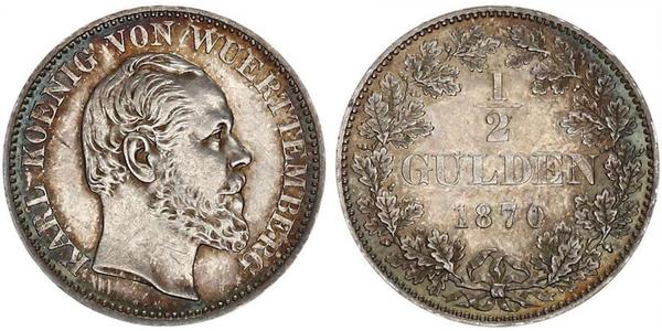 1/2 Гульден Королівство Вюртемберг Срібло Charles I of Württemberg