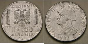 1/2 Лек Королевство Албании (1939-1943) Нержавеющая сталь Виктор Эммануил III (1869 - 1947)