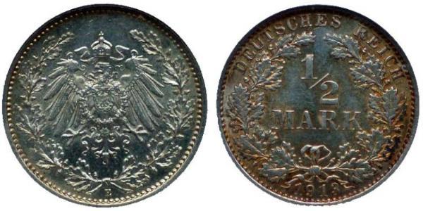 1/2 Марка Німецька імперія (1871-1918) Срібло 