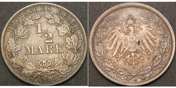 1/2 Марка Німецька імперія (1871-1918) Срібло 