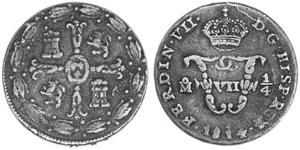 1/4 Tlaco Нова Іспанія (1519 - 1821) Мідь Фердинанд VII король Іспанії (1784-1833)