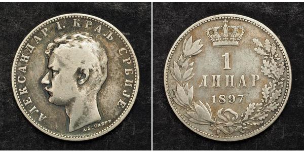 1 Dinar Serbie Argent Alexandre Ier (roi de Serbie)
