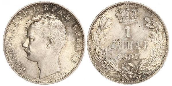 1 Dinar Serbia Silver Alexander I of Serbia