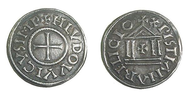 1 Dinaro Frankish Empire (481-843) Plata Ludovico Pío (778-840)