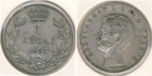 1 Dinaro Serbia Plata Alejandro I de Serbia