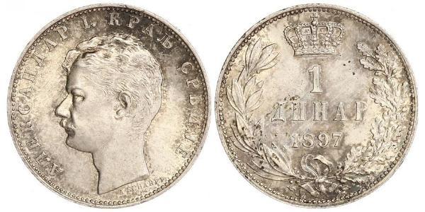 1 Dinaro Serbia Plata Alejandro I de Serbia
