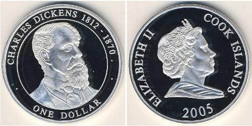 1 Dollar Cook Islands Silver Charles John Huffam Dickens (1812 - 1870) / Elizabeth II (1926-2022)