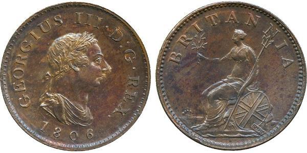 1 Farthing Vereinigtes Königreich von Großbritannien und Irland (1801-1922) Kupfer Georg III (1738-1820)