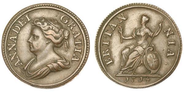1 Farthing 大不列顛王國 (1707 - 1800) 銅 安妮 (英国女王) (1665-1714)