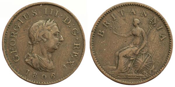 1 Farthing 大不列颠及爱尔兰联合王国 (1801 - 1922) 銅 喬治三世 (1738-1820)