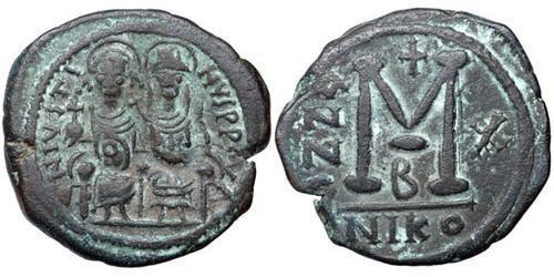 1 Follis 拜占庭帝国 青铜 查士丁二世