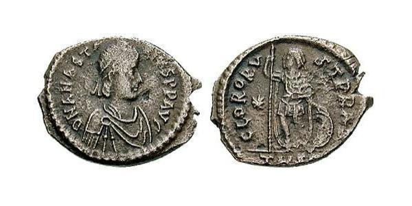 1 Follis /  AE3 Impero bizantino (330-1453) Argento Anastasio I (430-518)