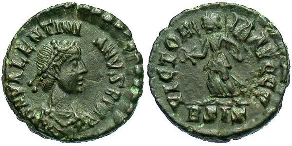 1 Follis /  AE4 羅馬帝國 青铜 瓦伦提尼安二世