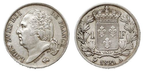 1 Franc Kingdom of France (1815-1830) / France Argent Louis XVIII de France  (1755-1824)