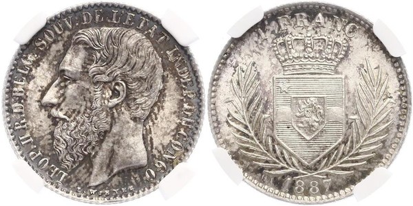 1 Franc État indépendant du Congo (1885 - 1908) Argent Leopold II (1835 - 1909)