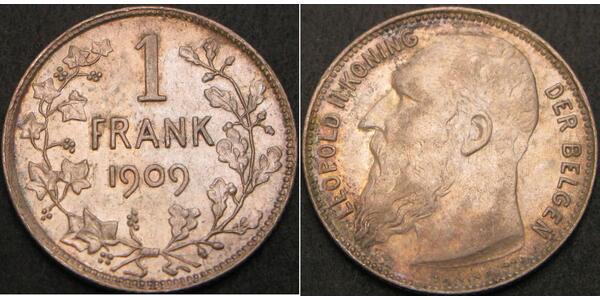 1 Franc Belgio Argento Leopold II (1835 - 1909)