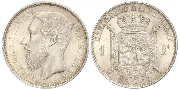 1 Franc Belgio Argento Leopold II (1835 - 1909)