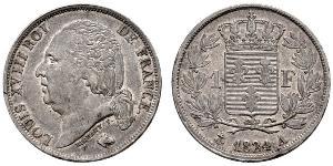 1 Franc Kingdom of France (1815-1830) / Francia Argento Luigi XVIII di Francia (1755-1824)