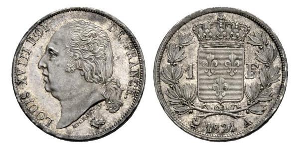 1 Franc Kingdom of France (1815-1830) / Francia Argento Luigi XVIII di Francia (1755-1824)