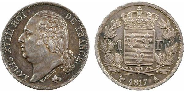 1 Franc Kingdom of France (1815-1830) / Francia Argento Luigi XVIII di Francia (1755-1824)