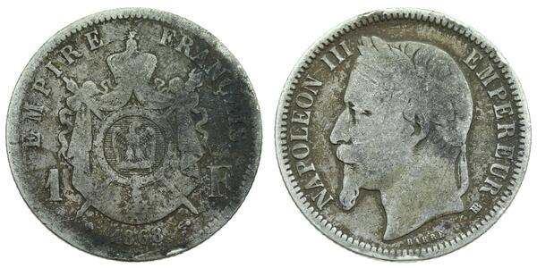 1 Franc Segundo Imperio francés (1852-1870) Plata Napoleon III (1808-1873)