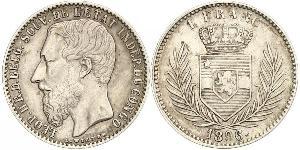 1 Franc Congo Free State (1885 - 1908) Silver Leopold II of Belgium(1835 - 1909)