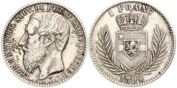 1 Franc Congo Free State (1885 - 1908) Silver Leopold II of Belgium(1835 - 1909)