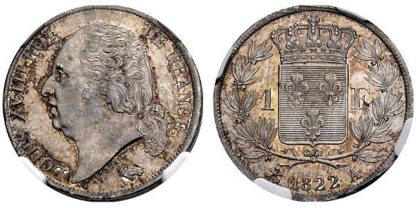 1 Franc 波旁复辟 / 法国 銀 路易十八 (1755 - 1824)