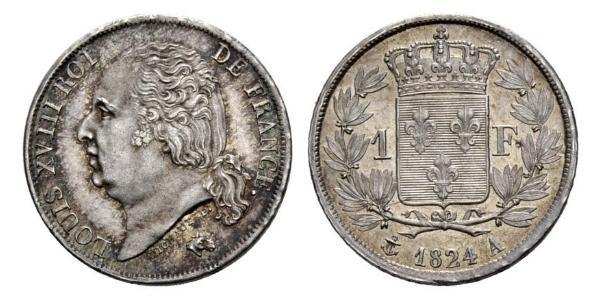 1 Franc 波旁复辟 / 法国 銀 路易十八 (1755 - 1824)