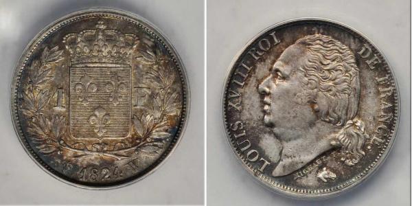 1 Franc 波旁复辟 / 法国 銀 路易十八 (1755 - 1824)