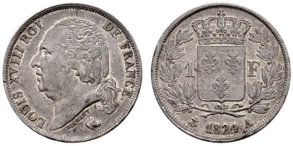 1 Franc 波旁复辟 / 法国 銀 路易十八 (1755 - 1824)