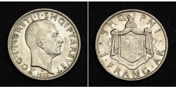 1 Franga Ari Albanian Kingdom (1928-1939) Silver Zog I, Skanderbeg III of Albania