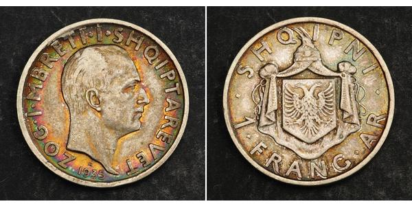 1 Franga Ari Королевство Албания (1928-1939) Серебро Zog I, Skanderbeg III of Albania