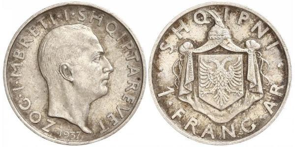 1 Franga Ari 阿尔巴尼亚王国 (1928 - 1939) 銀 Zog I, Skanderbeg III of Albania