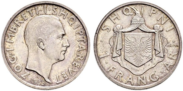 1 Franga Ari 阿尔巴尼亚王国 (1928 - 1939) 銀 Zog I, Skanderbeg III of Albania