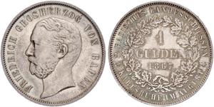 1 Gulden Gran Ducado de Baden (1806-1918) Plata Federico I de Baden (1826 - 1907)