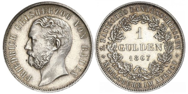 1 Gulden Grand Duchy of Baden (1806-1918) Silver Frederick I, Grand Duke of Baden (1826 - 1907)