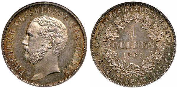 1 Gulden Grand Duchy of Baden (1806-1918) Silver Frederick I, Grand Duke of Baden (1826 - 1907)