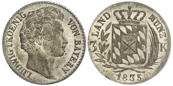 1 Kreuzer Regno di Baviera (1806 - 1918) Argento Ludovico I di Baviera (re)(1786 – 1868)
