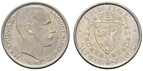 1 Krone Norvegia (1905 - ) Argento Haakon VII di Norvegia (1872 - 1957)