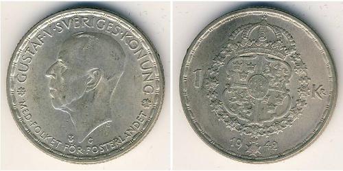 1 Krone Suecia Plata Gustavo V de Suecia (1858 - 1950)