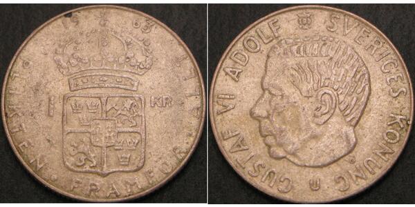 1 Krone Suecia Plata Gustavo VI Adolfo de Suecia (1882 - 1973)