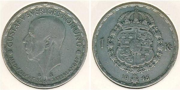 1 Krone Suecia Plata Gustavo V de Suecia (1858 - 1950)