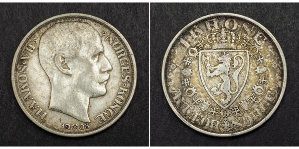 1 Krone Kingdom of Norway (1905 - ) Silver Haakon VII of Norway (1872 - 1957)