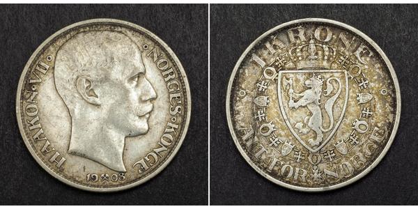1 Krone 挪威 銀 哈康七世  (1872 - 1957)