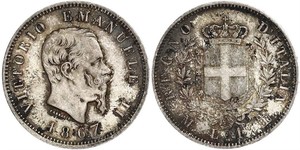 1 Lira Kingdom of Italy (1861-1946) Argent Victor Emmanuel II of Italy (1820 - 1878)