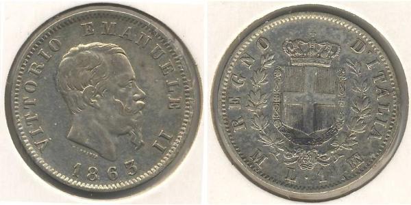 1 Lira Kingdom of Italy (1861-1946) Argent Victor Emmanuel II of Italy (1820 - 1878)